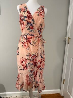 Eliza J Women’s Peach Floral Wrap Midi Dress with Ruffle Hem